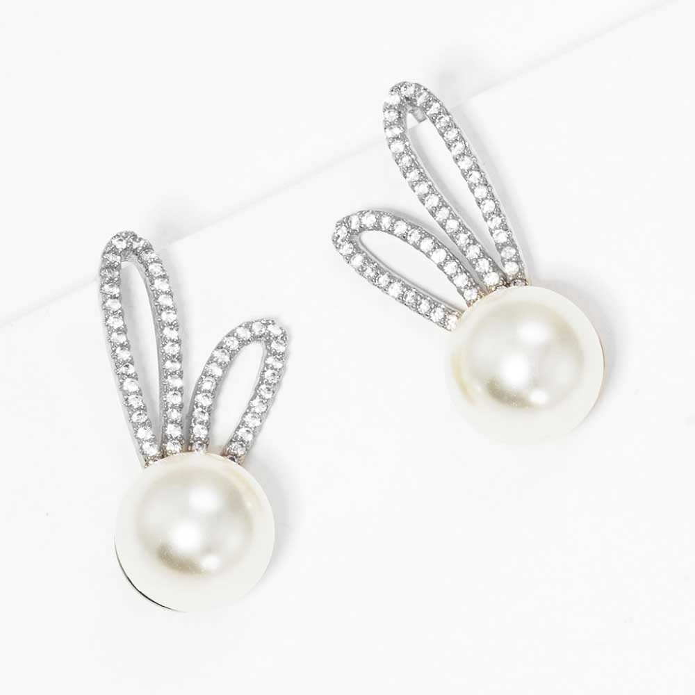 Silver Rabbit Cream Pearl Crystal Cubic Zirconia Stud Earrings Bunny Jewelry